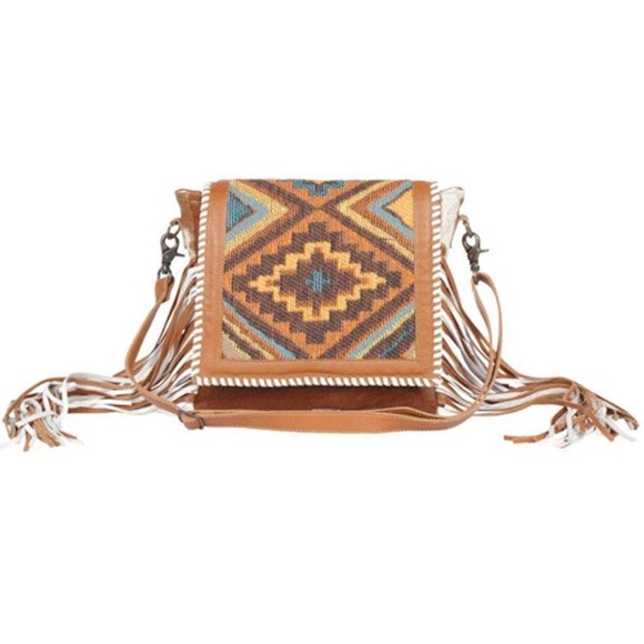 MYRA BAG Boho Southwestern Leather Fringe Hairon Hide Crossbody Bag - Picture 2 of 7